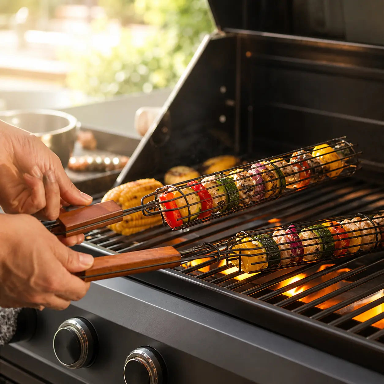 Grillkorg med trähandtag – för BBQ och camping
