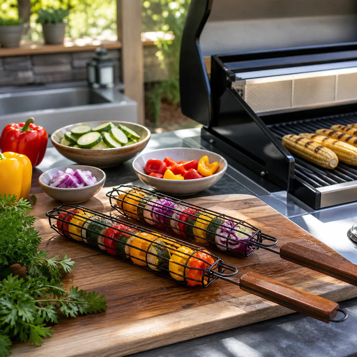 Grillkorg med trähandtag – för BBQ och camping