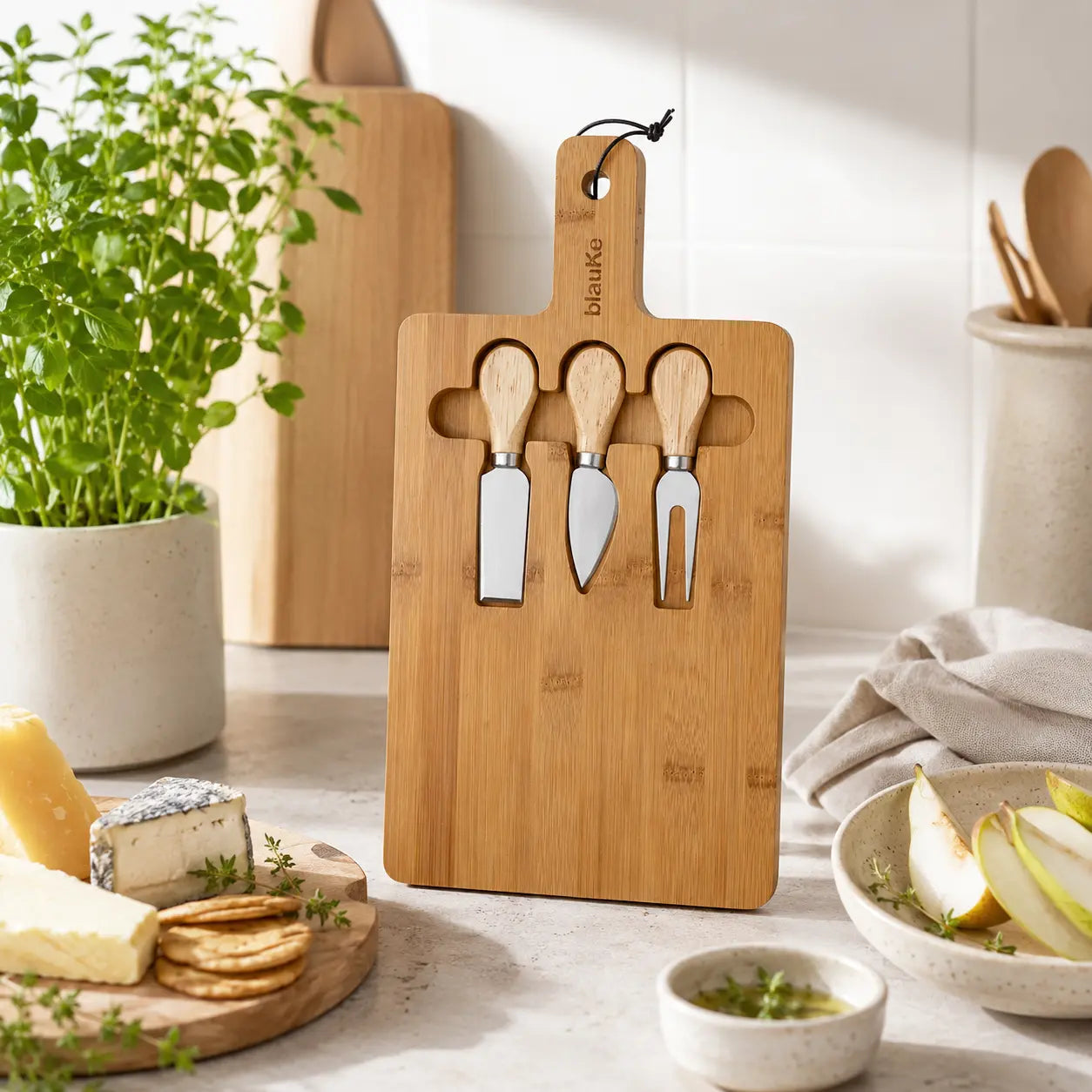 Bambu ostbricka med knivset – 30 × 20 cm i Servering – hållbart alternativ från HållbarHem. Alla rättigheter förbehållna