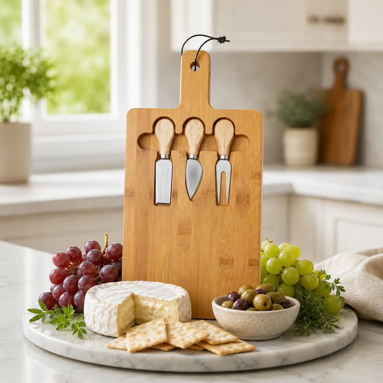 Bambu ostbricka med knivset – 30 × 20 cm i Servering – hållbart alternativ från HållbarHem. Alla rättigheter förbehållna