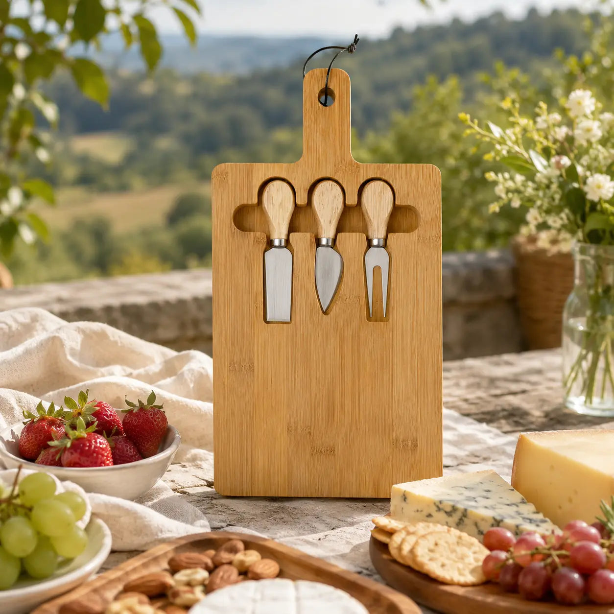 Bambu ostbricka med knivset – 30 × 20 cm i Servering – hållbart alternativ från HållbarHem. Alla rättigheter förbehållna