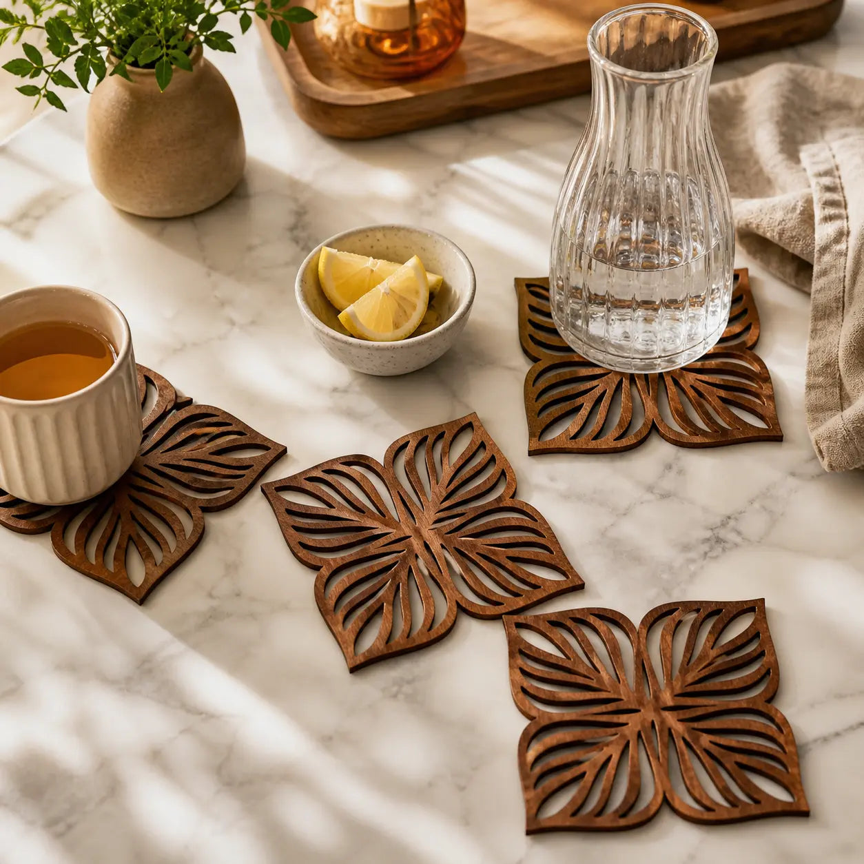 Botaniska underlägg i återvunnet teakträ – 2 eller 4 - pack i Servering – hållbart alternativ från HållbarHem. Alla rättigheter förbehållna