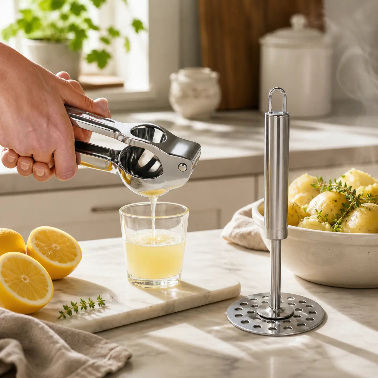 Citronpress & potatisstöt i rostfritt stål – 2 delar i Köksredskap – hållbart alternativ från HållbarHem. Alla rättigheter förbehållna