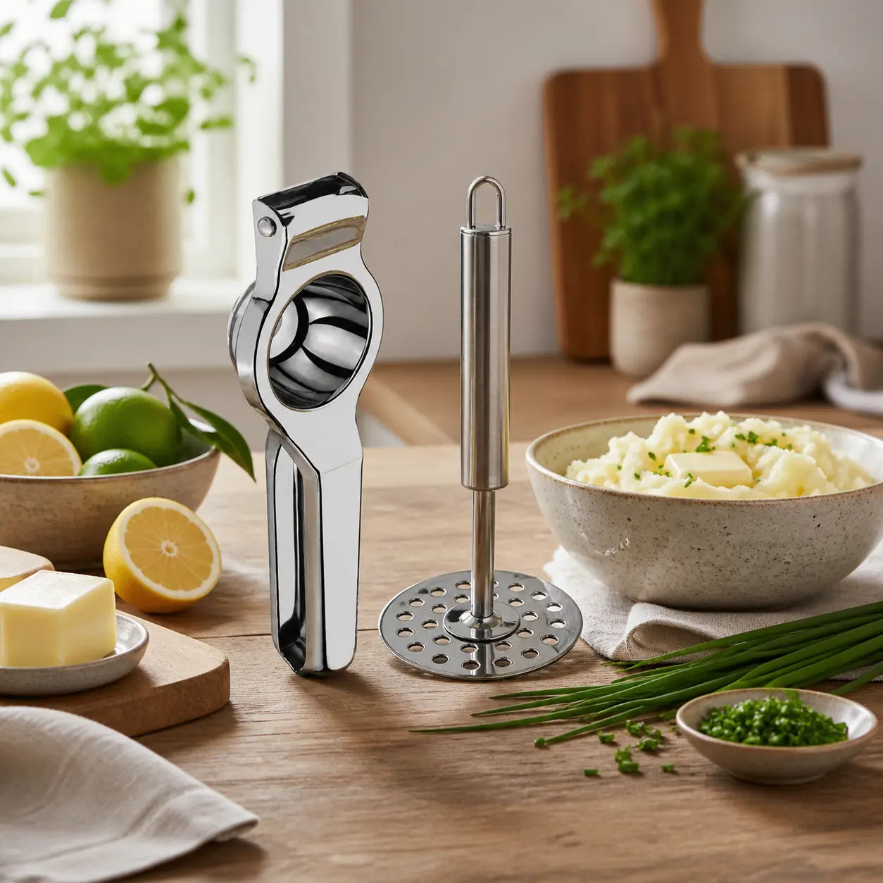 Citronpress & potatisstöt i rostfritt stål – 2 delar i Köksredskap – hållbart alternativ från HållbarHem. Alla rättigheter förbehållna
