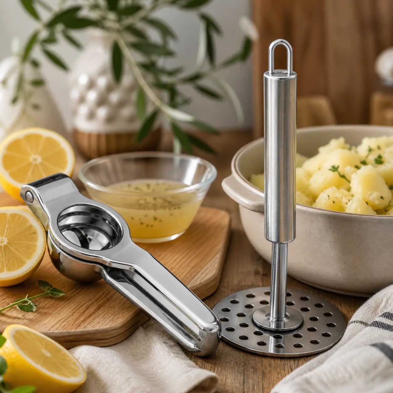 Citronpress & potatisstöt i rostfritt stål – 2 delar i Köksredskap – hållbart alternativ från HållbarHem. Alla rättigheter förbehållna