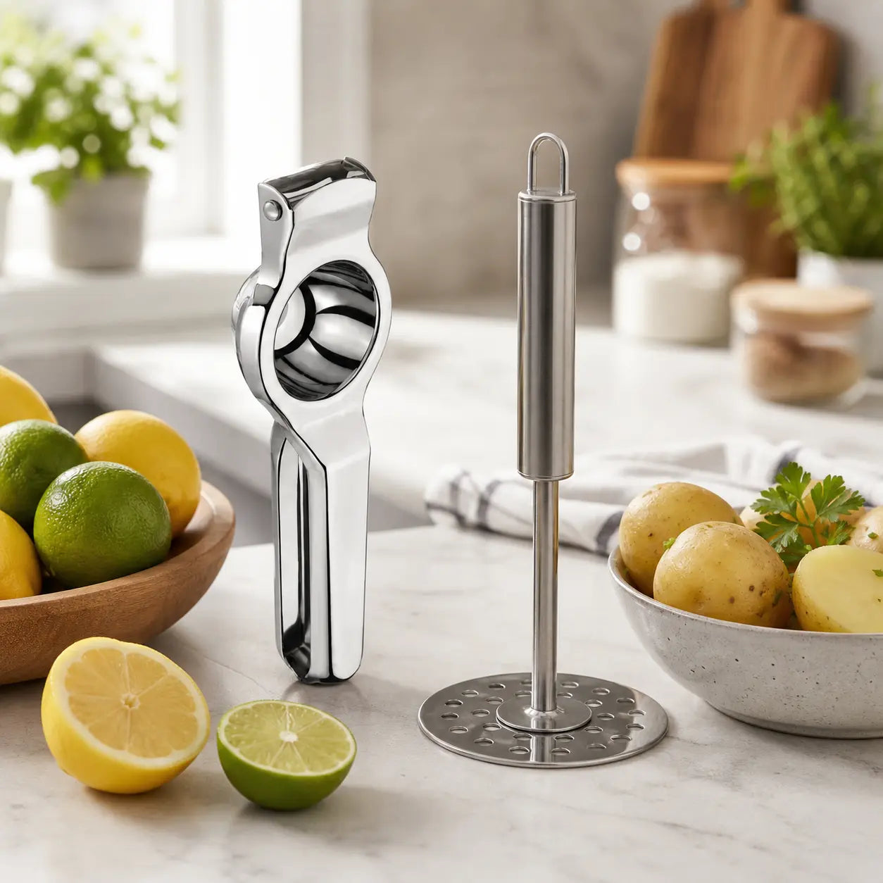 Citronpress & potatisstöt i rostfritt stål – 2 delar i Köksredskap – hållbart alternativ från HållbarHem. Alla rättigheter förbehållna
