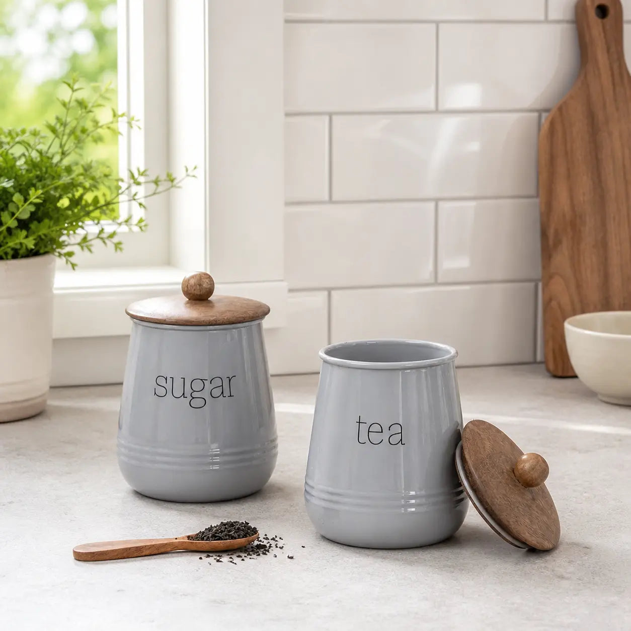 Förvaringsburkar för te och socker – 2 - pack grå i Förvaring – hållbart alternativ från HållbarHem. Alla rättigheter förbehållna