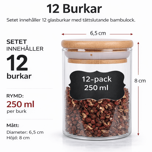 Glasburkar med bambulock – kryddset 12 burkar i Förvaring – hållbart alternativ från HållbarHem