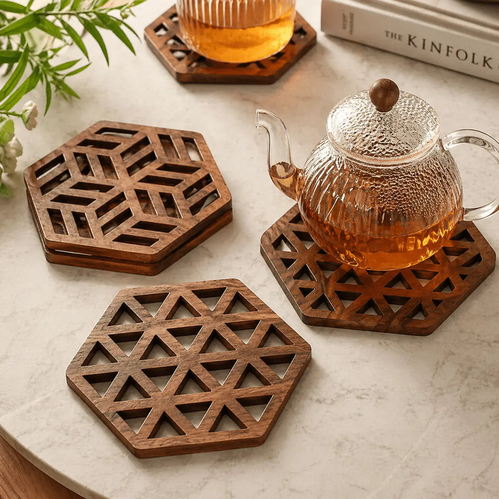 Glasunderlägg i teak – handgjorda (set 2 eller 4) i Servering – hållbart alternativ från HållbarHem.