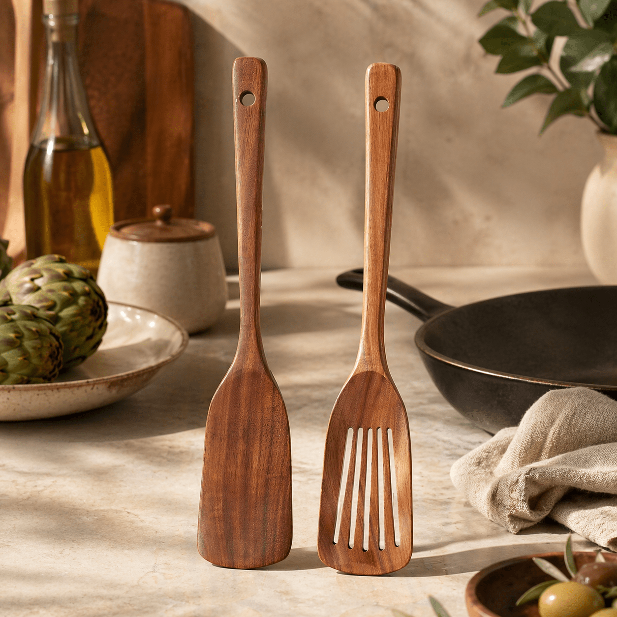 Handgjort köksset i trä med skålar, tallrik och bestick i Köksredskap – hållbart alternativ från HållbarHem. Alla rättigheter förbehållna