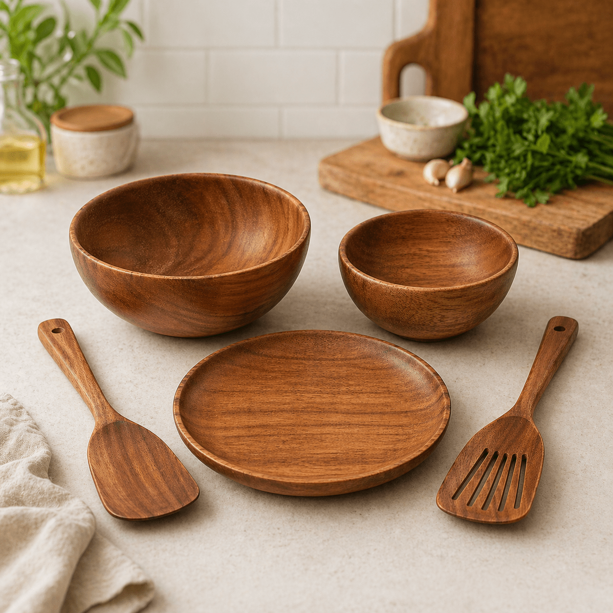 Handgjort köksset i trä med skålar, tallrik och bestick i Köksredskap – hållbart alternativ från HållbarHem. Alla rättigheter förbehållna