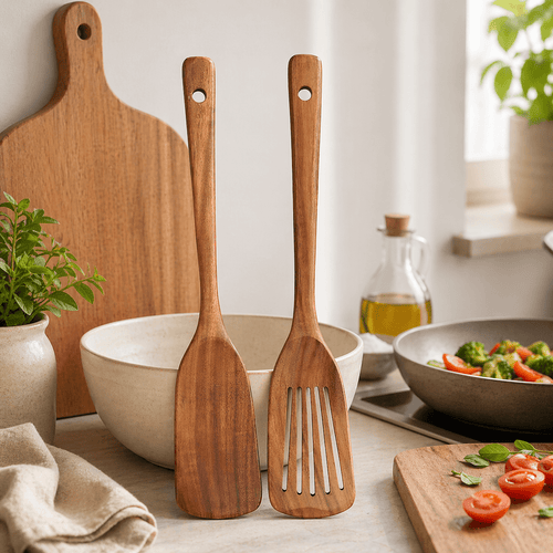 Handgjort köksset i trä med skålar, tallrik och bestick i Köksredskap – hållbart alternativ från HållbarHem. Alla rättigheter förbehållna